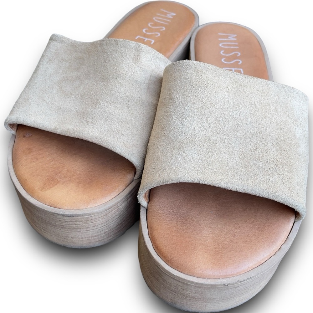 Musse And Cloud Platform Sandals Size 8 Leather Slides Suede Shoes Tan Camel